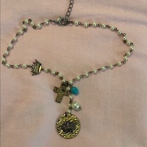 Gold and Turquoise Charm Necklace with Crown and Cross